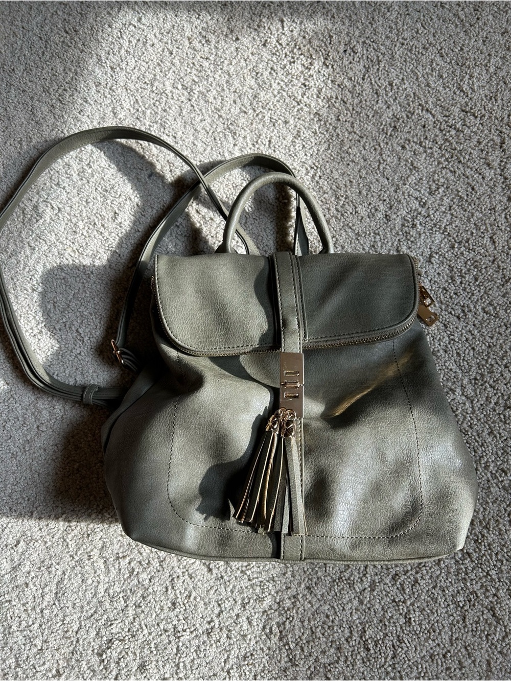 Women's Olive Green Leather Backpack Tote with Tassel